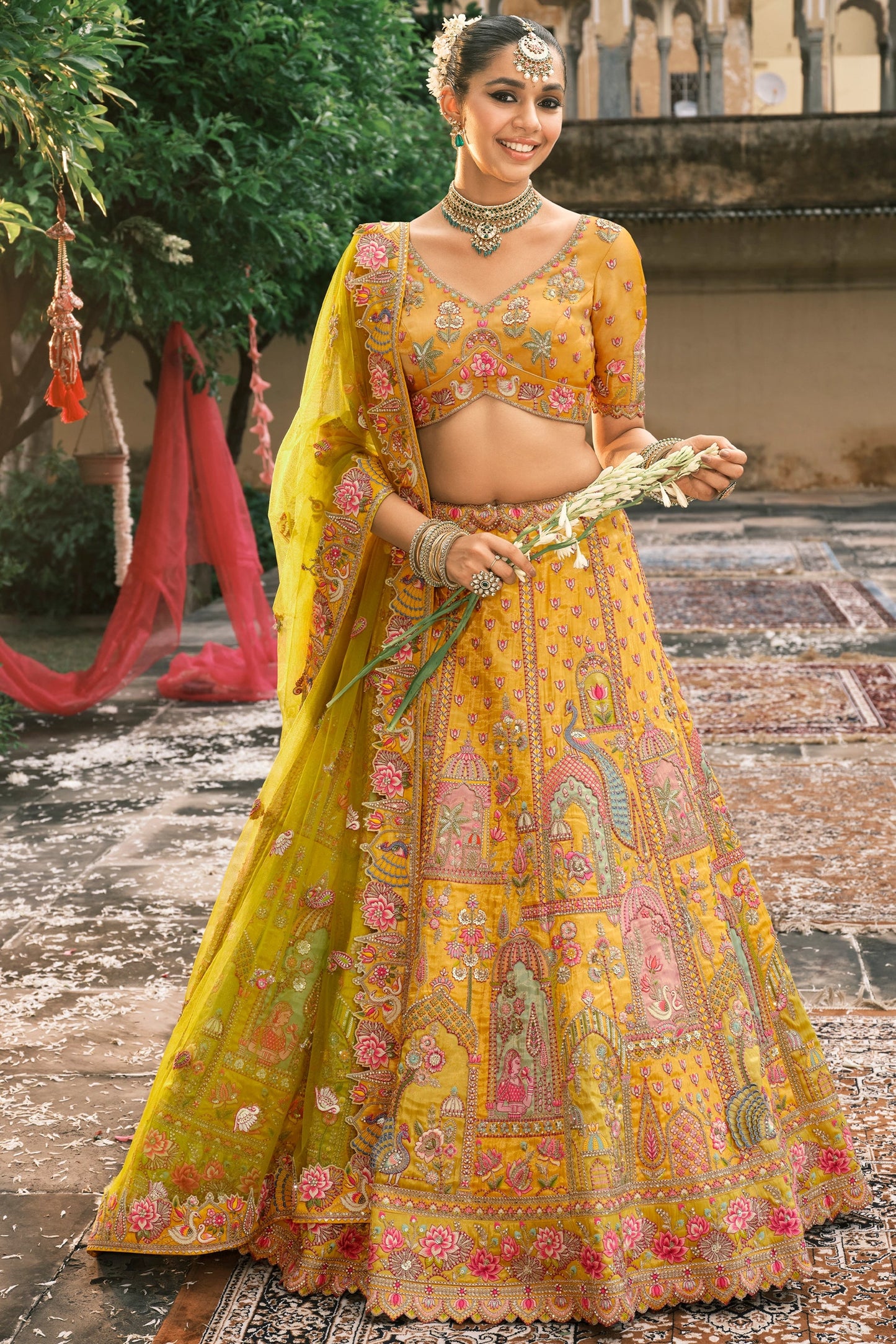 Yellow and Green Semi-Stitched Embroidered Silk Lehenga-SAR10429_4_SareeButa.com