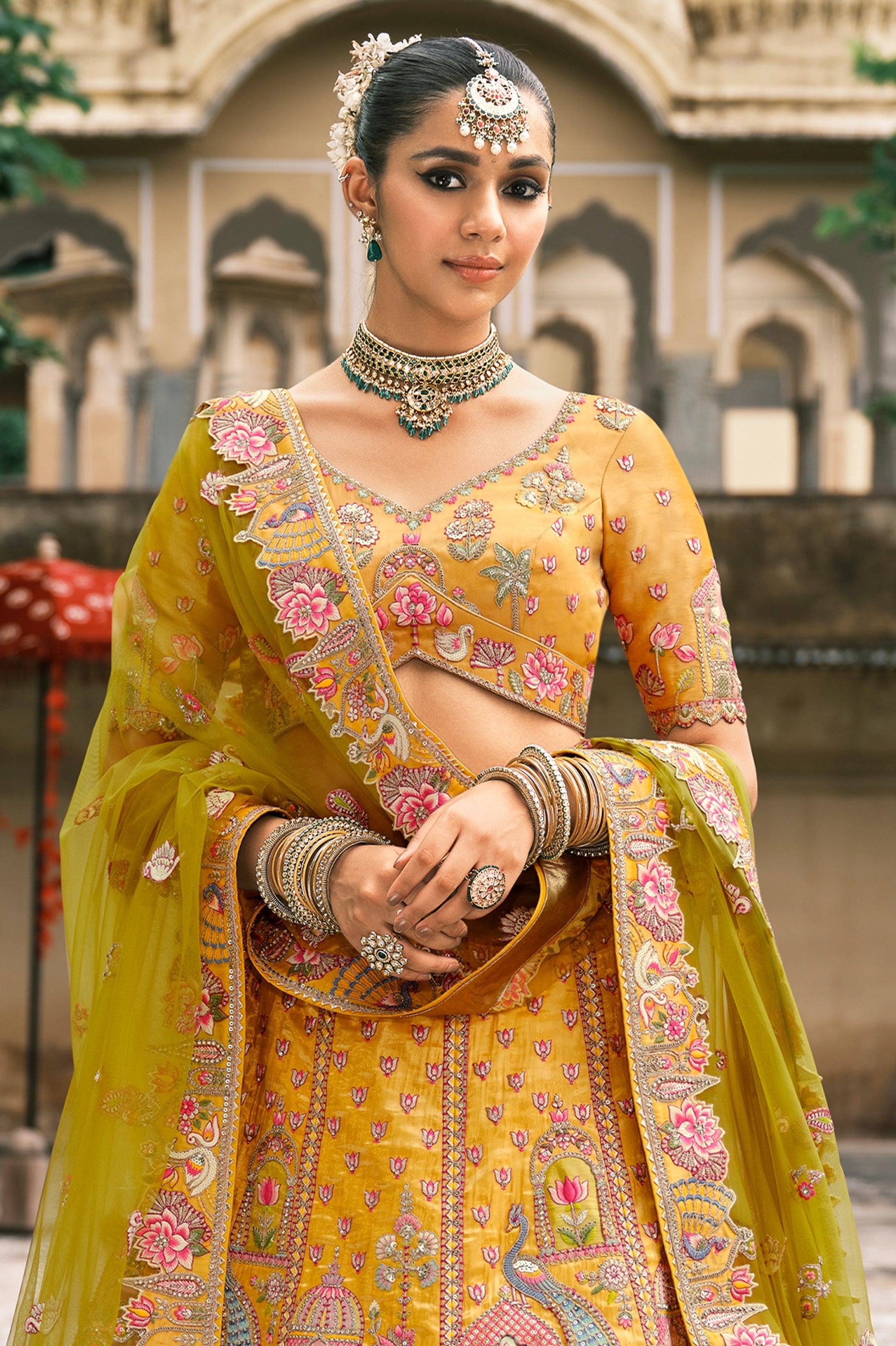 Yellow and Green Semi-Stitched Embroidered Silk Lehenga-SAR10429_5_SareeButa.com