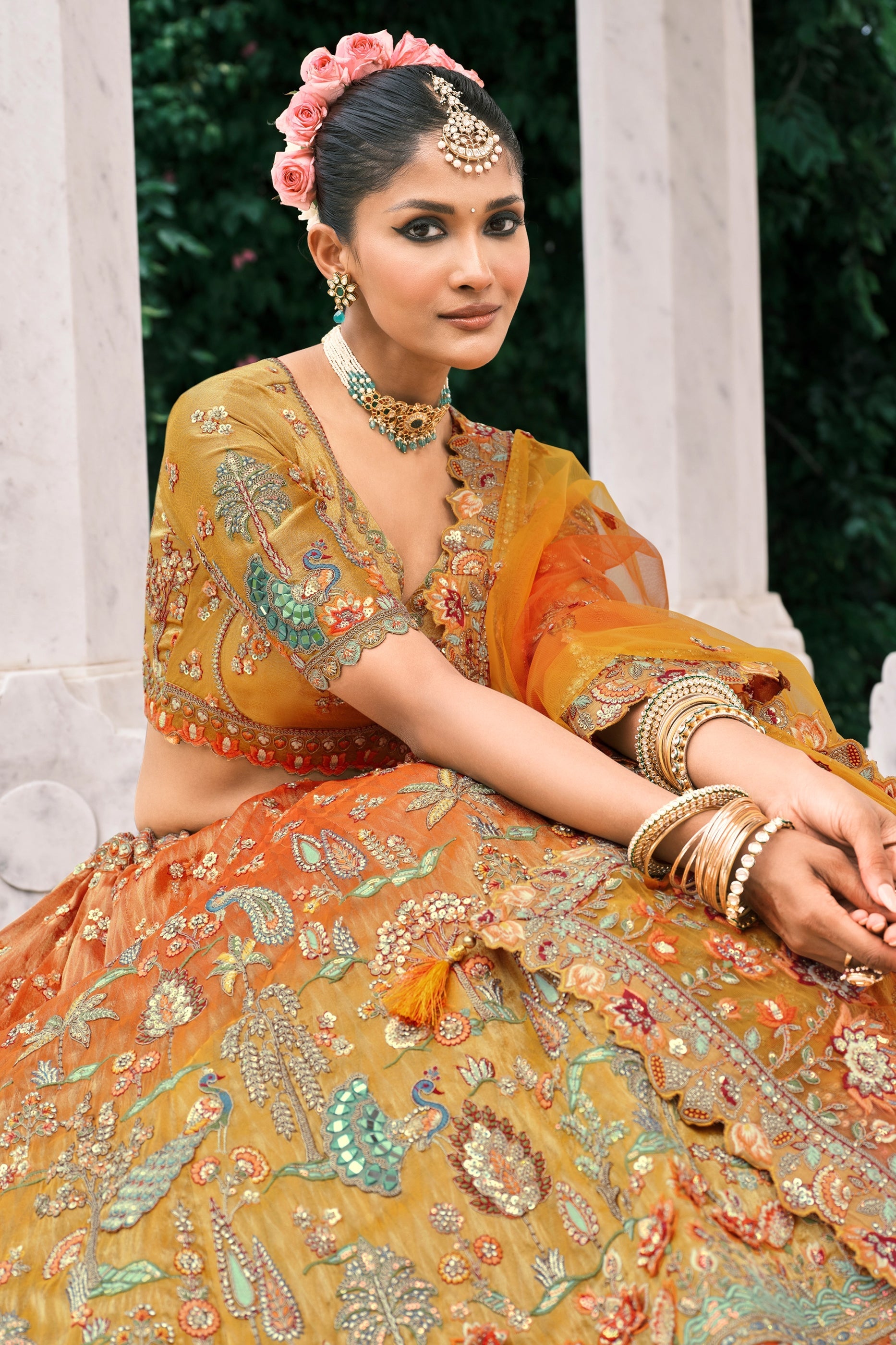 Yellow and Orange Semi-Stitched Embroidered Silk Lehenga-SAR10426_2_SareeButa.com