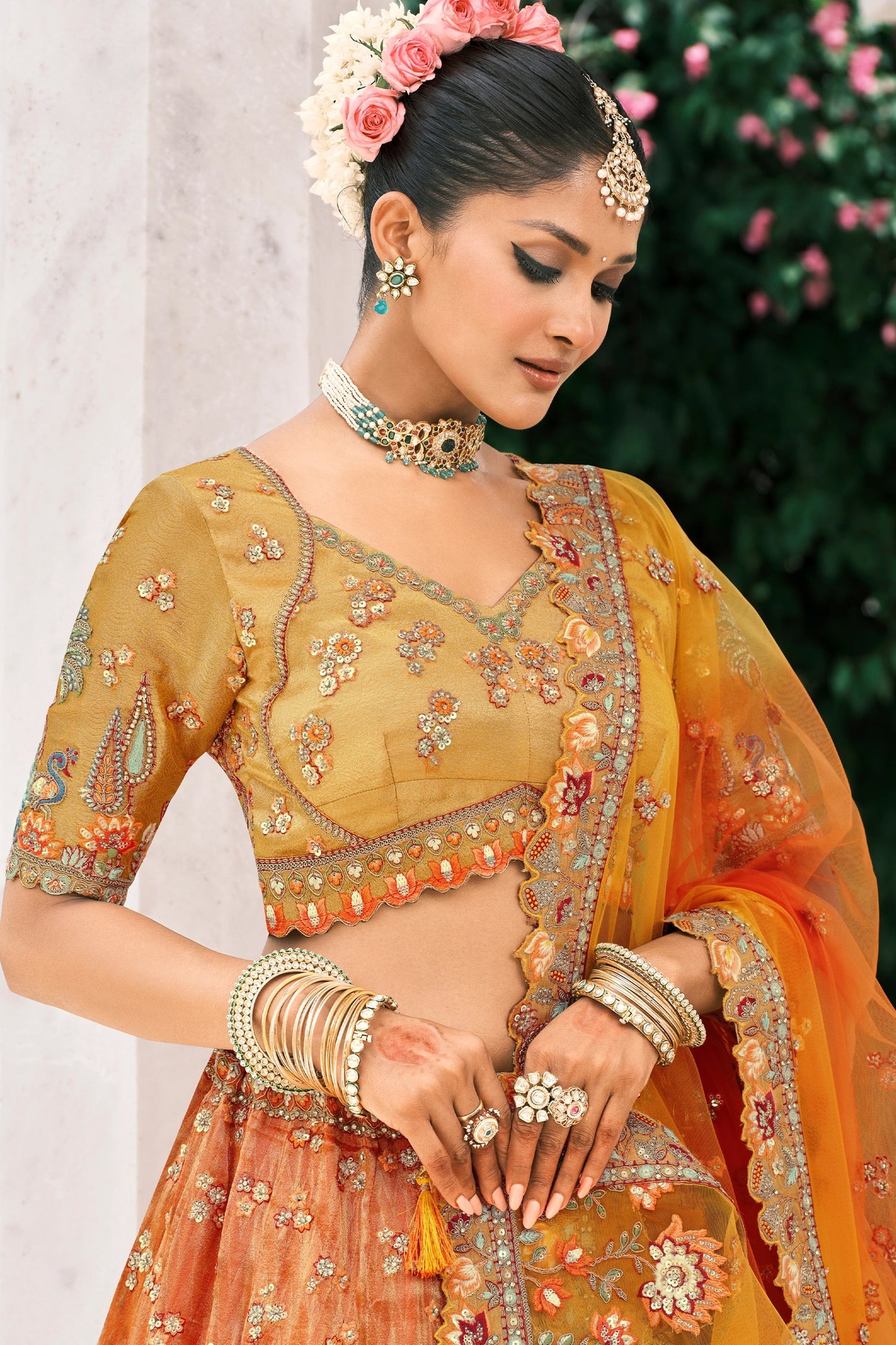 Yellow and Orange Semi-Stitched Embroidered Silk Lehenga-SAR10426_3_SareeButa.com