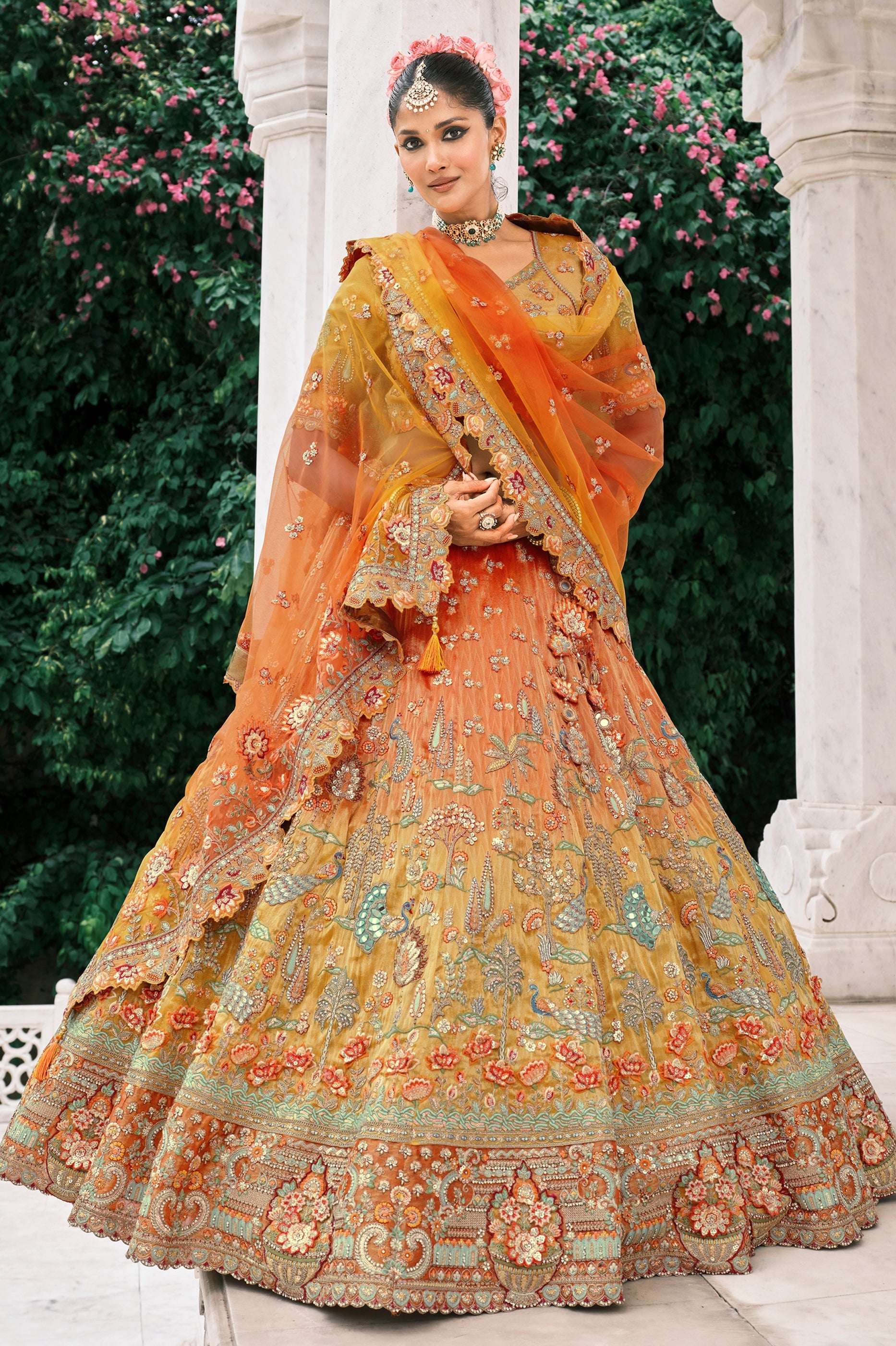 Yellow and Orange Semi-Stitched Embroidered Silk Lehenga-SAR10426_4_SareeButa.com