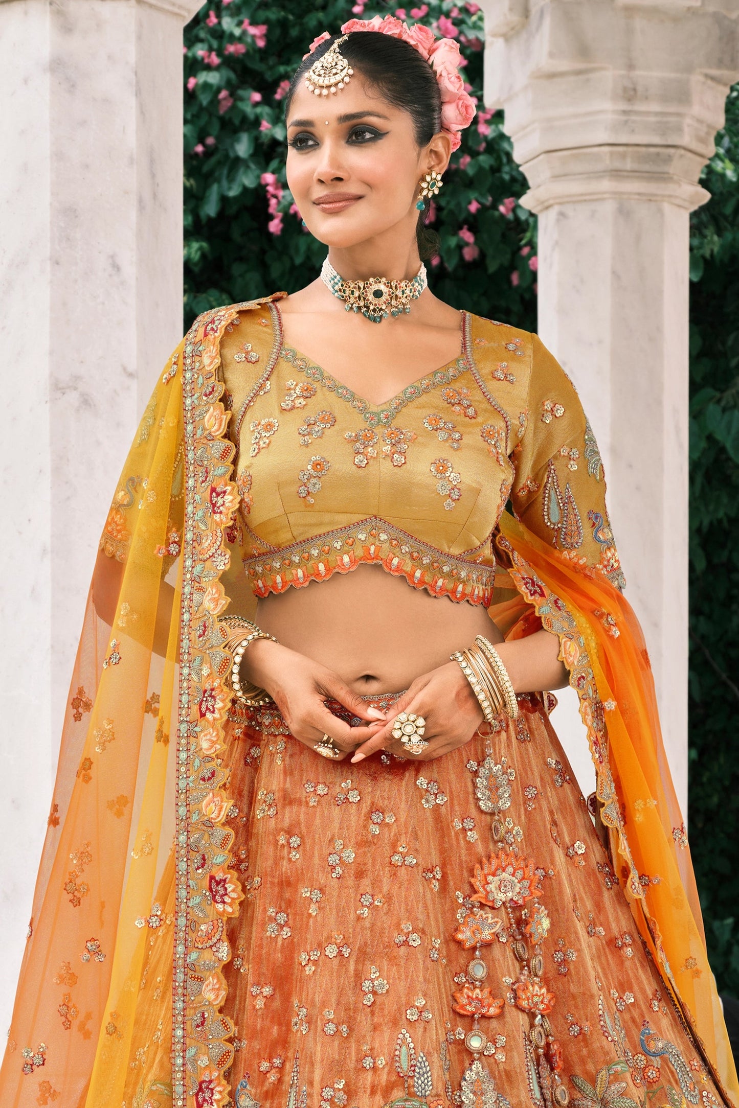 Yellow and Orange Semi-Stitched Embroidered Silk Lehenga-SAR10426_5_SareeButa.com