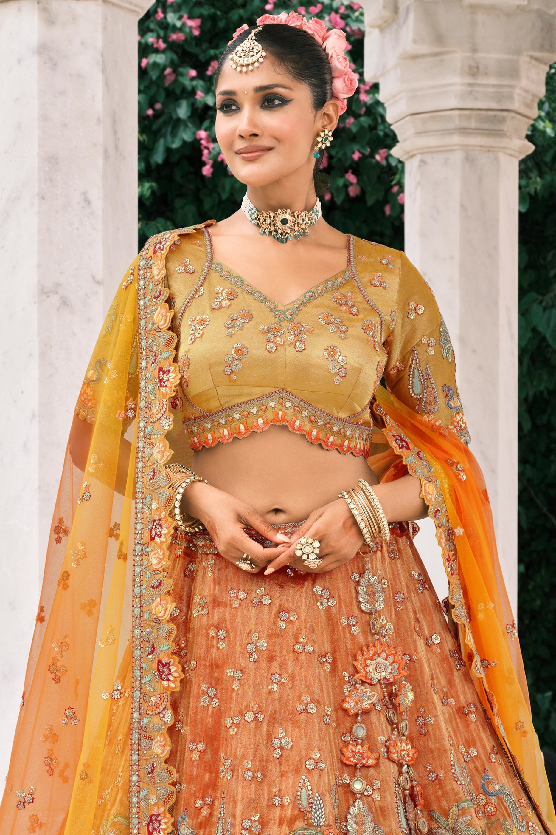 Yellow and Orange Semi-Stitched Embroidered Silk Lehenga-SAR10426_5_SareeButa.com