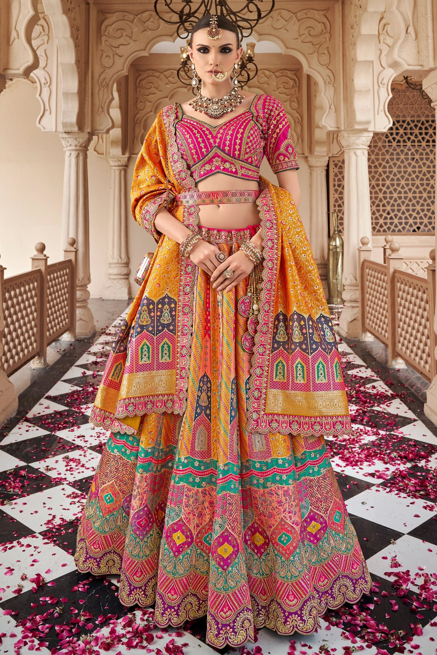 Yellow and Pink Semi-Stitched Banarasi Silk Lehenga-SAR10445_1_SareeButa.com