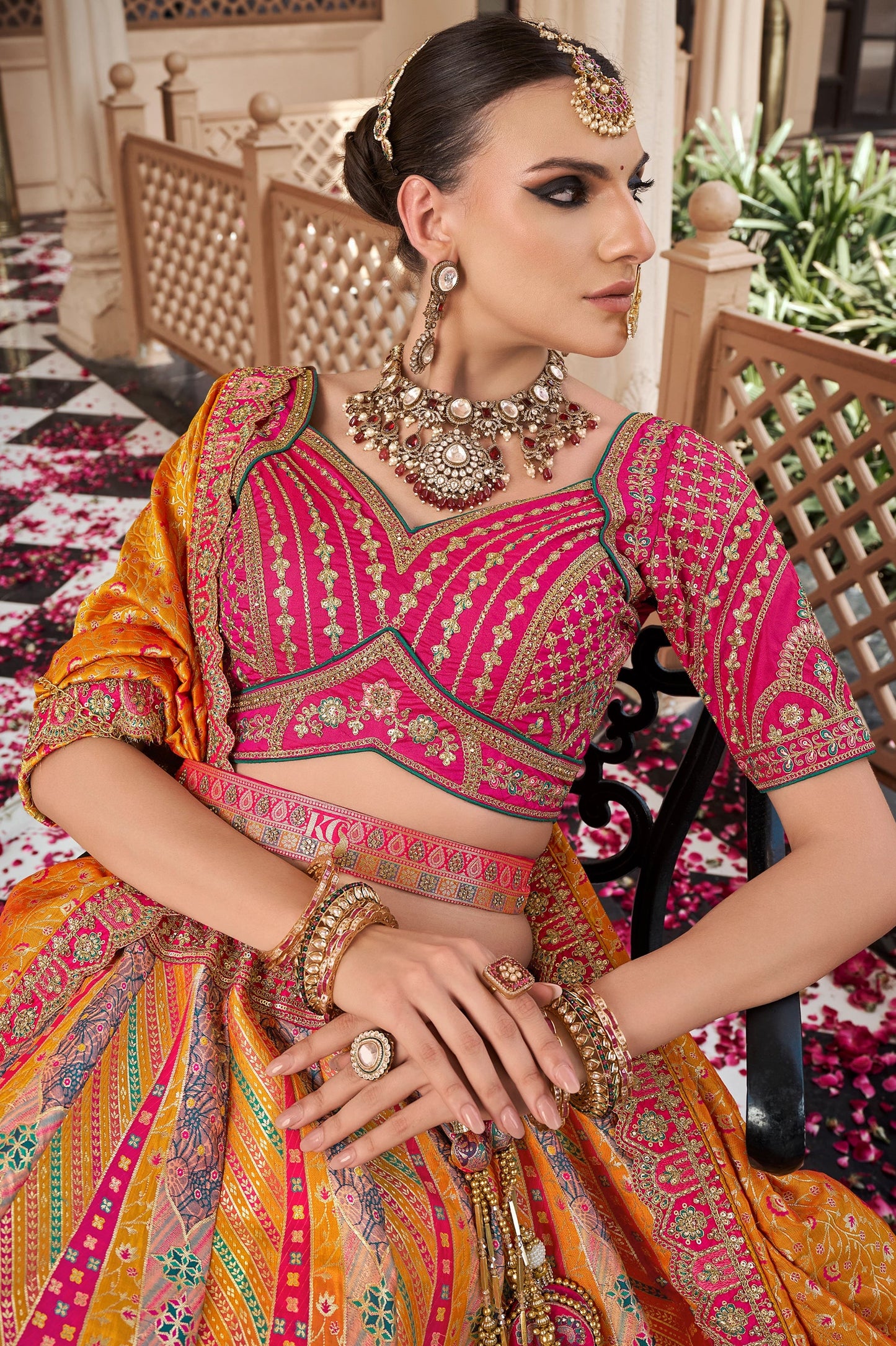 Yellow and Pink Semi-Stitched Banarasi Silk Lehenga-SAR10445_2_SareeButa.com