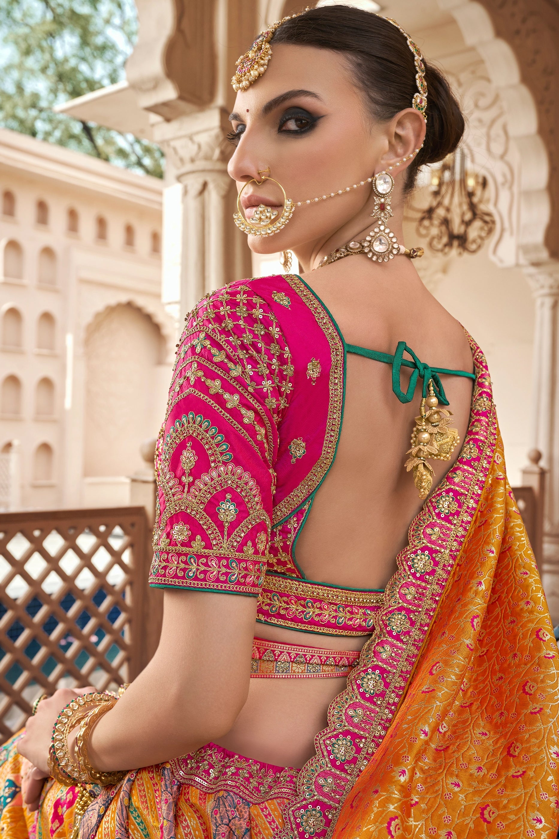 Yellow and Pink Semi-Stitched Banarasi Silk Lehenga-SAR10445_3_SareeButa.com