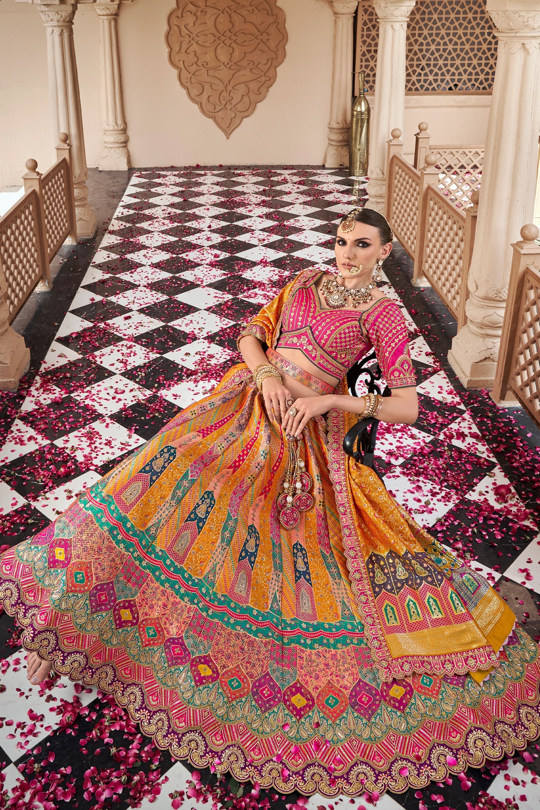 Yellow and Pink Semi-Stitched Banarasi Silk Lehenga-SAR10445_4_SareeButa.com