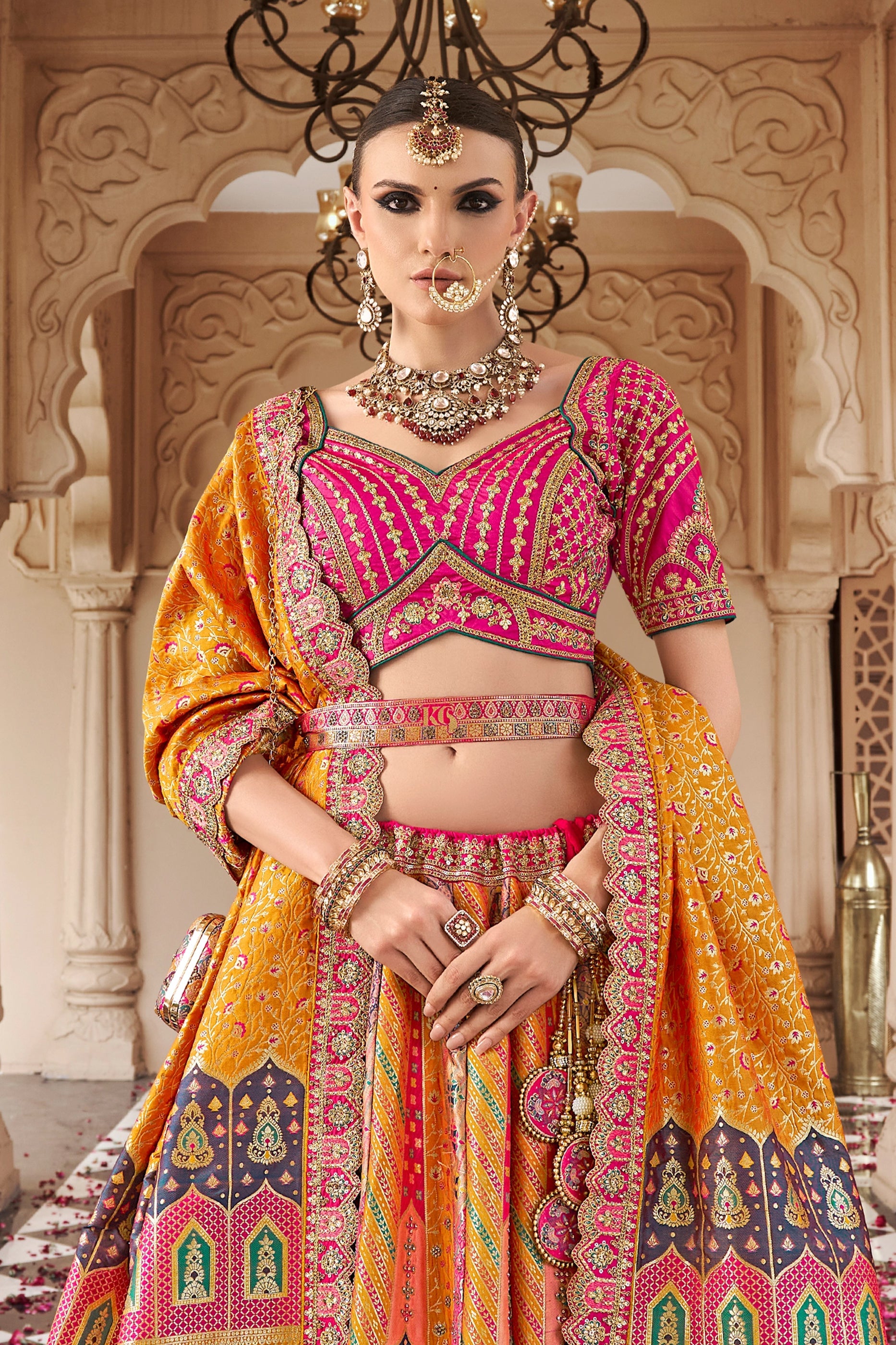 Yellow and Pink Semi-Stitched Banarasi Silk Lehenga-SAR10445_5_SareeButa.com