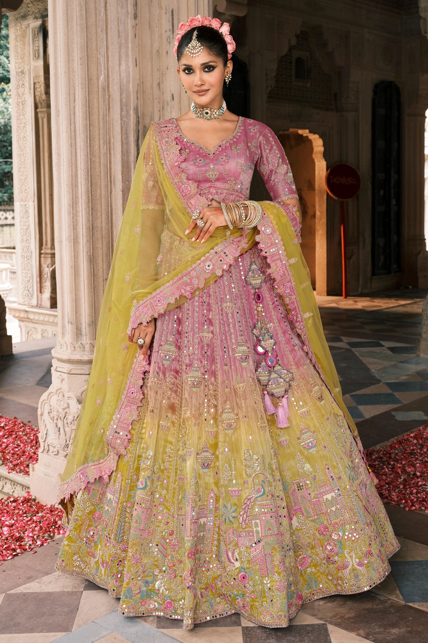 Yellow and Pink Semi-Stitched Embroidered Silk Lehenga-SAR10437_1_SareeButa.com