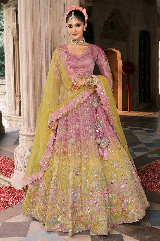 Yellow and Pink Semi-Stitched Embroidered Silk Lehenga-SAR10437_1_SareeButa.com