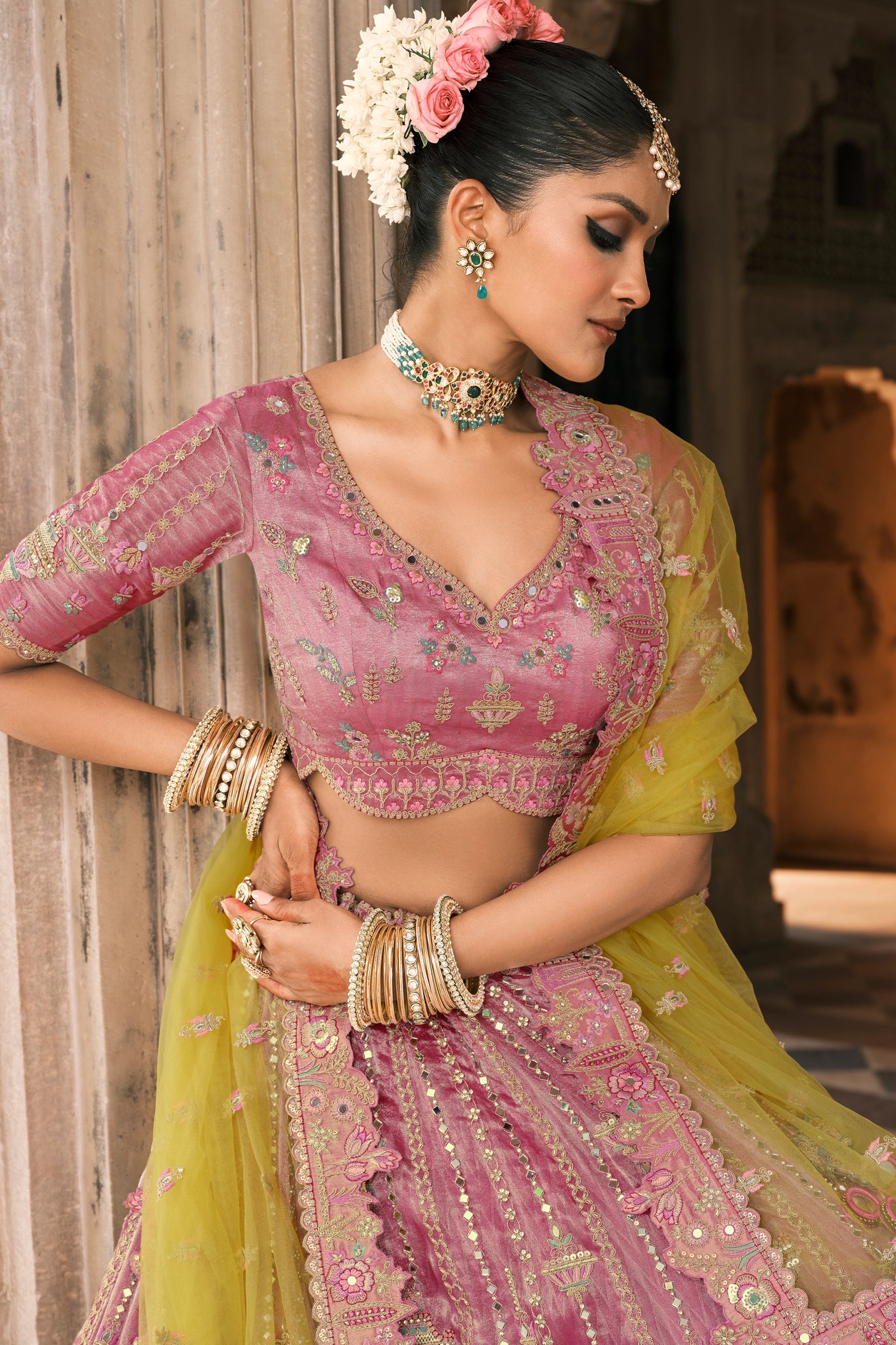 Yellow and Pink Semi-Stitched Embroidered Silk Lehenga-SAR10437_3_SareeButa.com