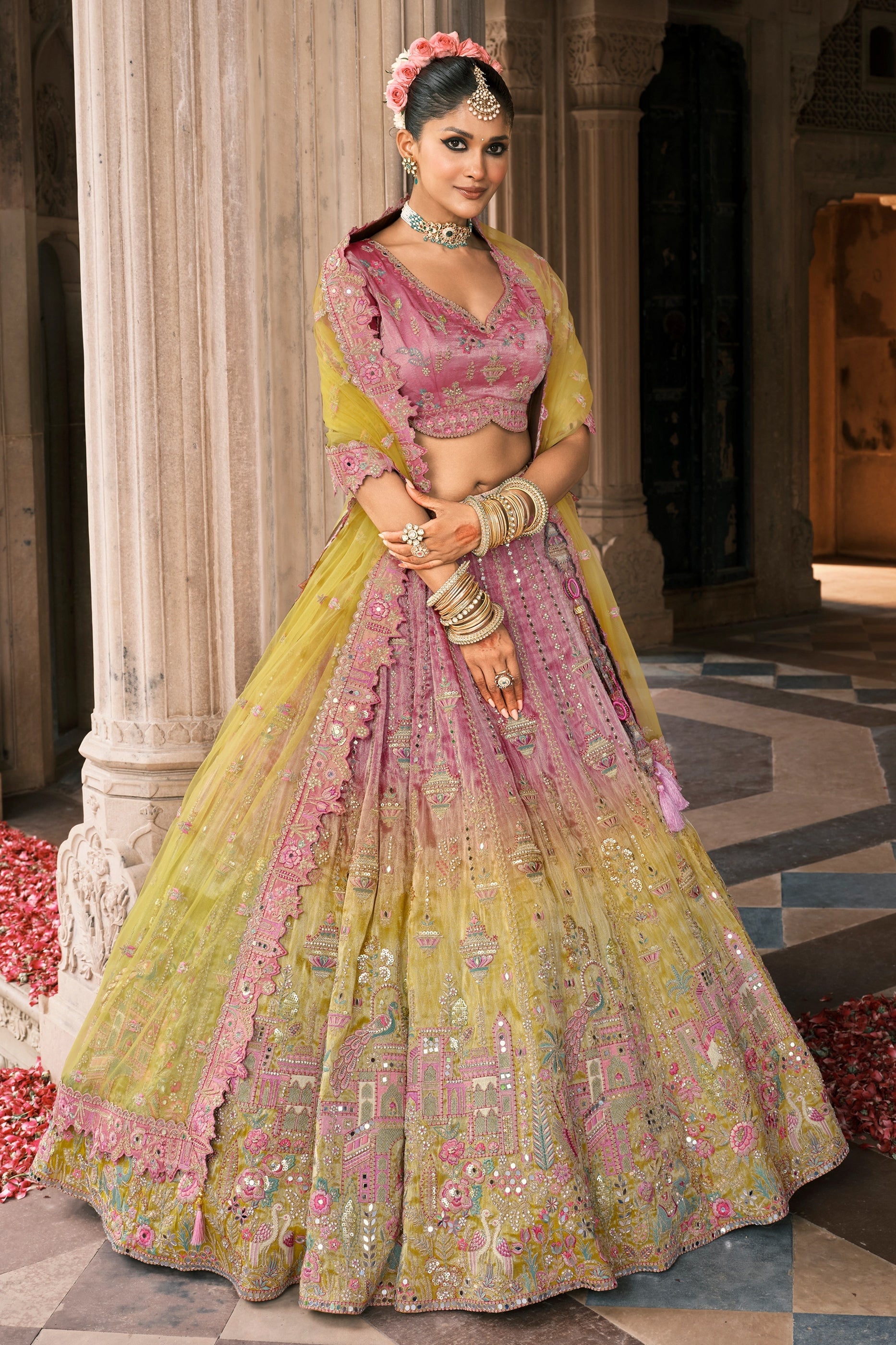 Yellow and Pink Semi-Stitched Embroidered Silk Lehenga-SAR10437_4_SareeButa.com