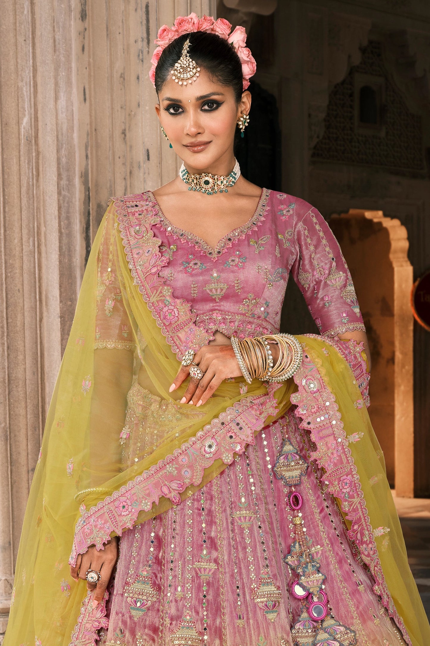 Yellow and Pink Semi-Stitched Embroidered Silk Lehenga-SAR10437_5_SareeButa.com