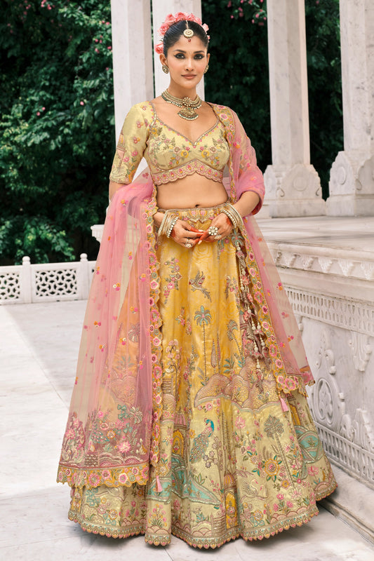 Yellow and Pink Semi-Stitched Embroidered Silk Lehenga-SAR10439_1_SareeButa.com