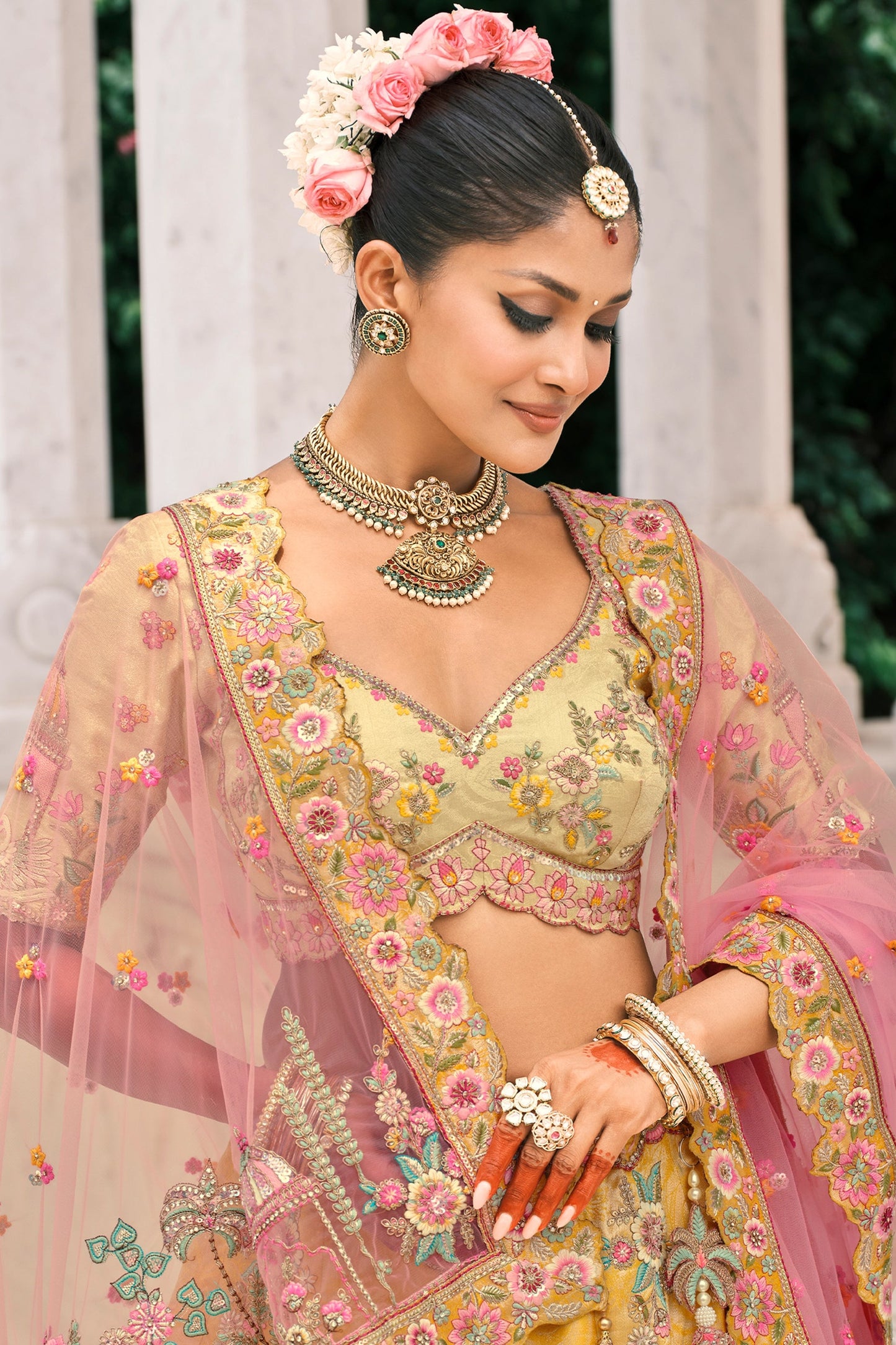 Yellow and Pink Semi-Stitched Embroidered Silk Lehenga-SAR10439_2_SareeButa.com