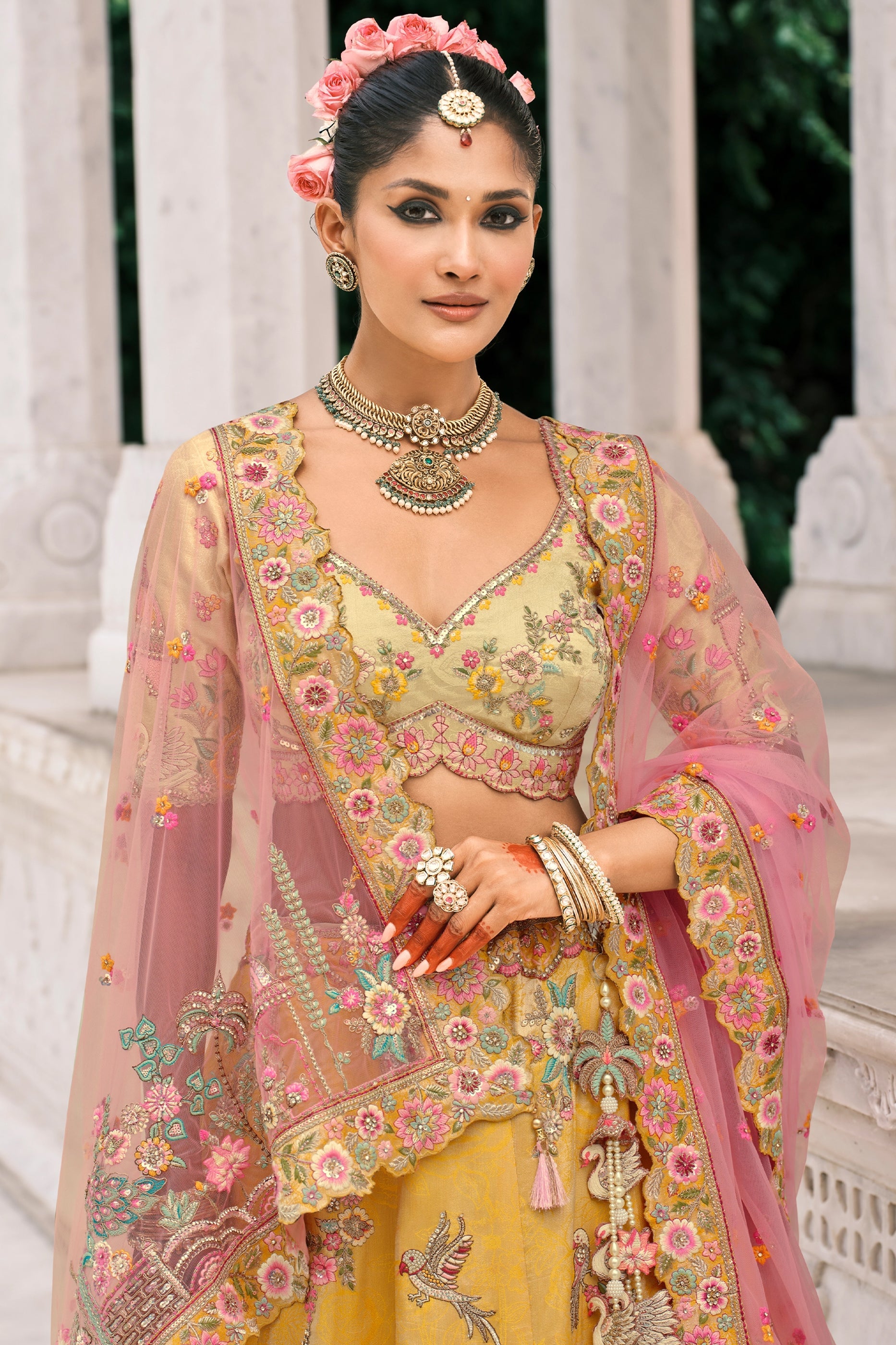 Yellow and Pink Semi-Stitched Embroidered Silk Lehenga-SAR10439_3_SareeButa.com