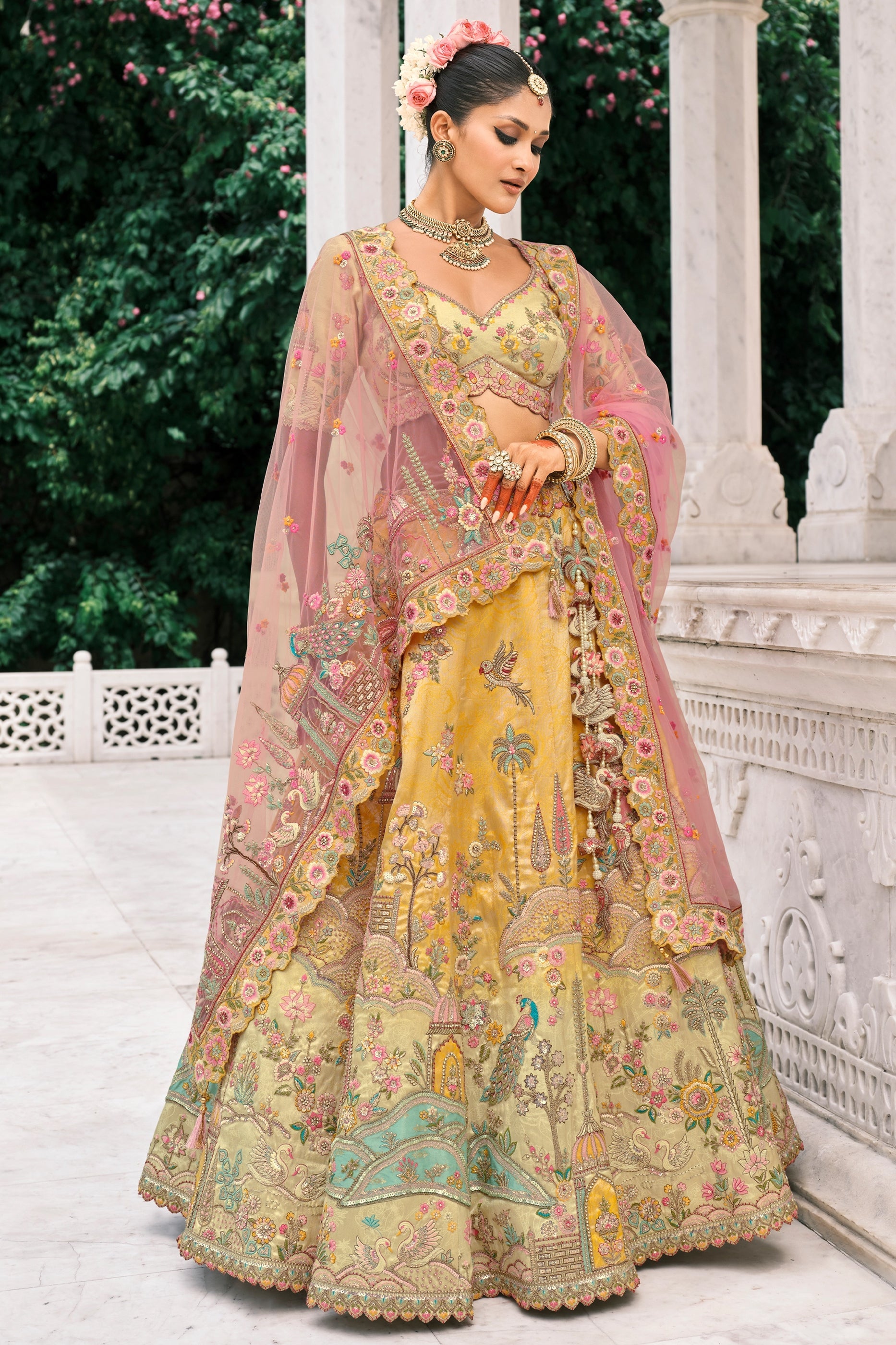 Yellow and Pink Semi-Stitched Embroidered Silk Lehenga-SAR10439_4_SareeButa.com