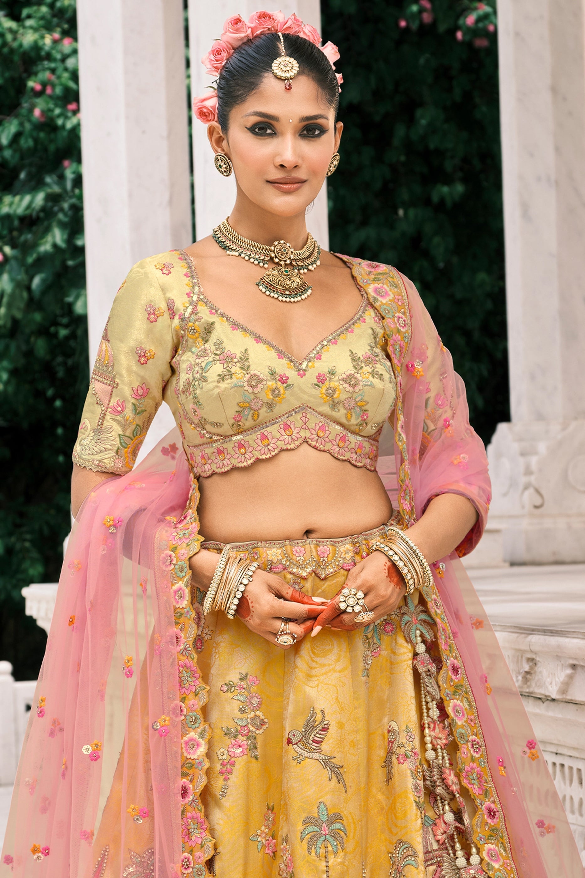 Yellow and Pink Semi-Stitched Embroidered Silk Lehenga-SAR10439_5_SareeButa.com