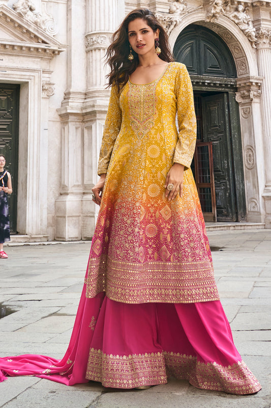 Yellow and Pink Viscose Silk Anarkali Suit-SAR12111_1_SareeButa.com