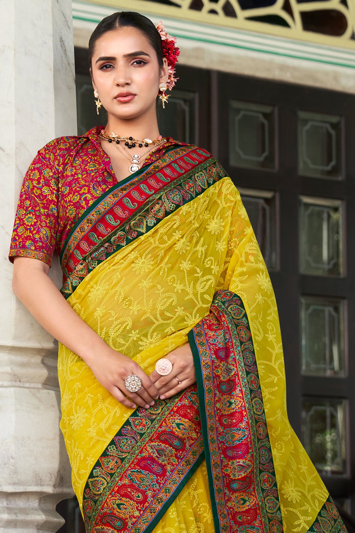 Yellow and Red Printed Georgette Saree-SAR10205_3_SareeButa.com