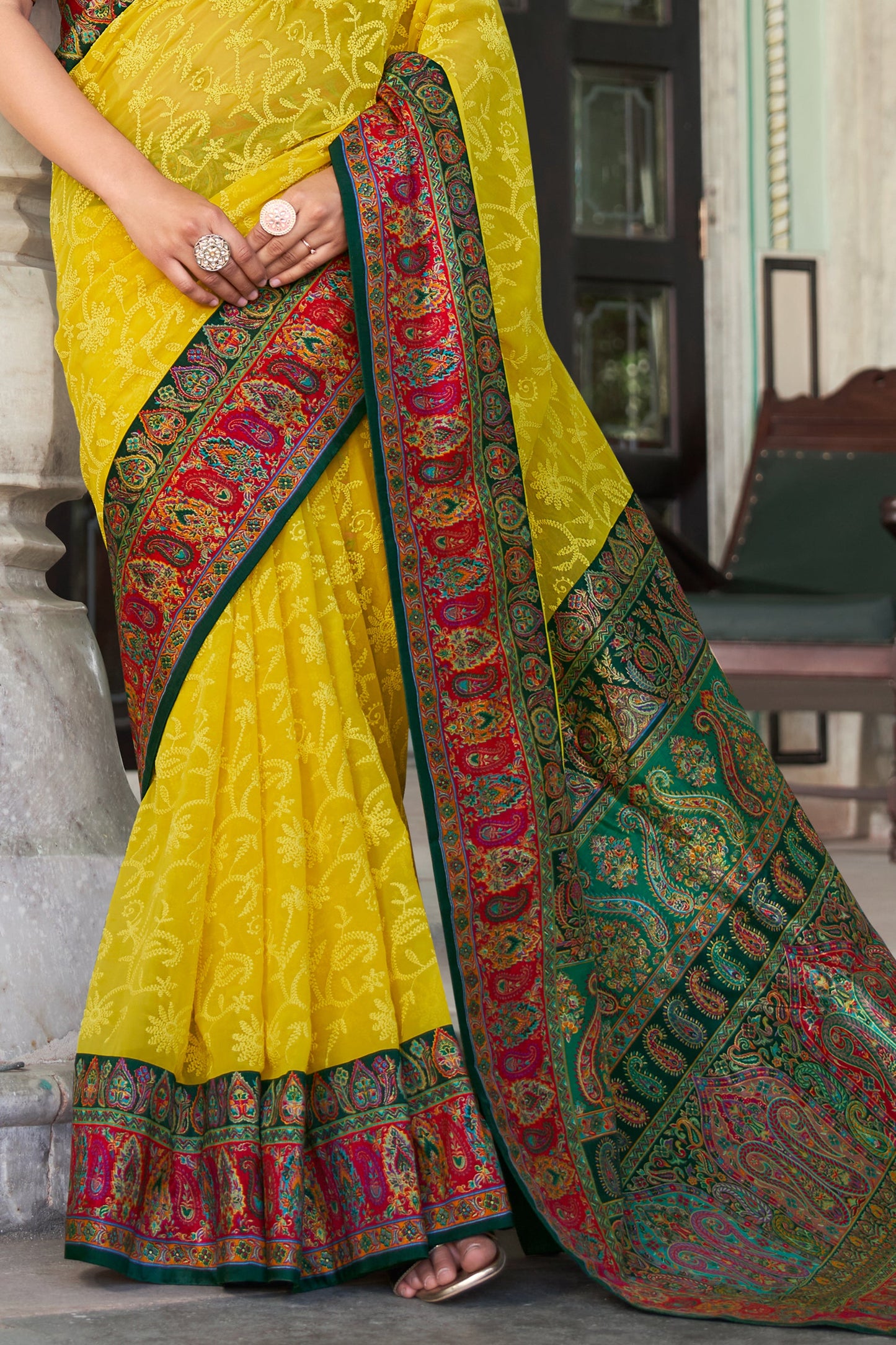 Yellow and Red Printed Georgette Saree-SAR10205_4_SareeButa.com