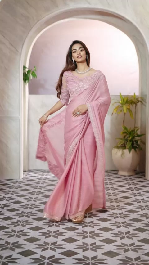 Pink Embroidered Silk Saree-ZB132272