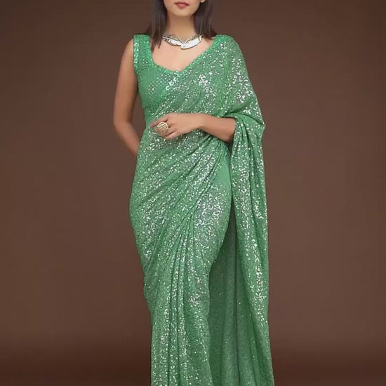 green georgette sequin saree - zb131758