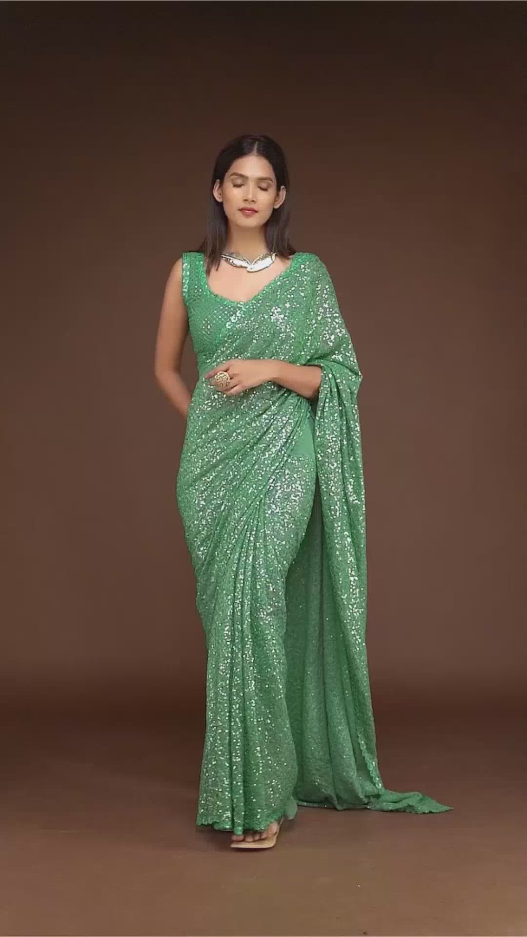 green georgette sequin saree - zb131758