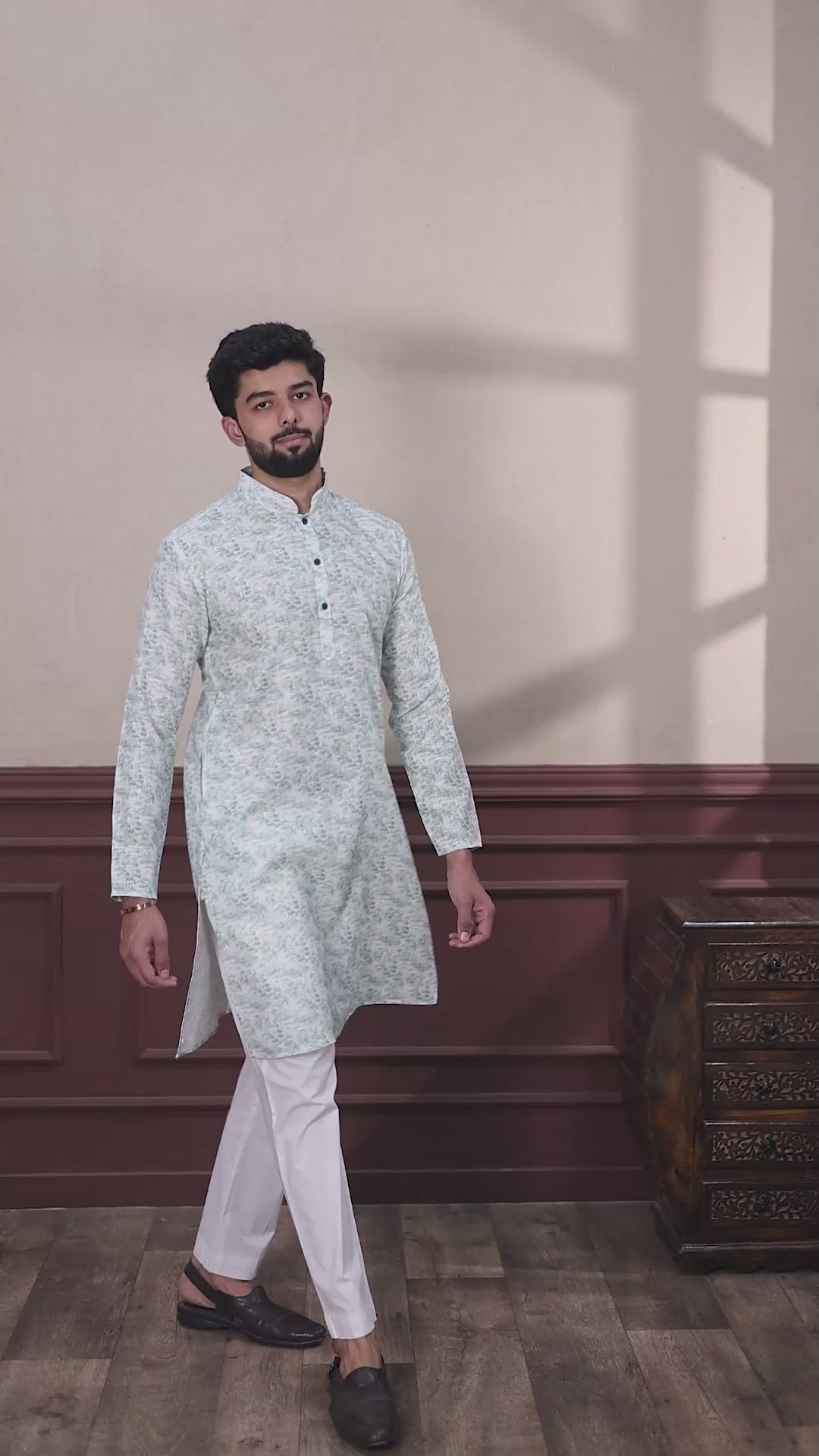 Green Printed Linen Kurta Pajama-MW68