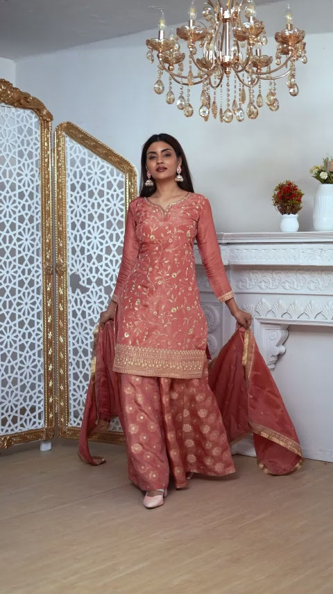 Peach Readymade Tissue Sharara Suit-SS293
