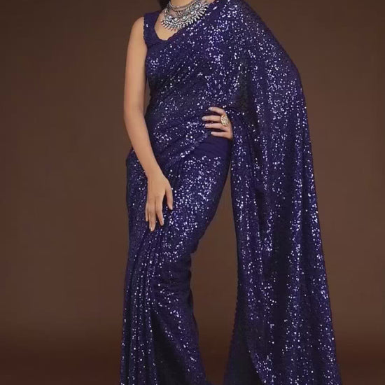 BLUE GEORGETTE SEQUIN SAREE  - ZB131768