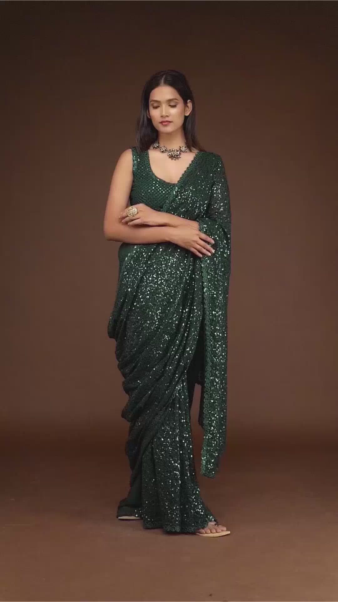 GREEN GEORGETTE SEQUIN SAREE - ZB131765