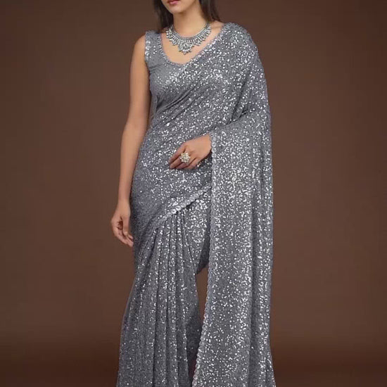 GREY GEORGETTE SEQUIN SAREE - ZB131764