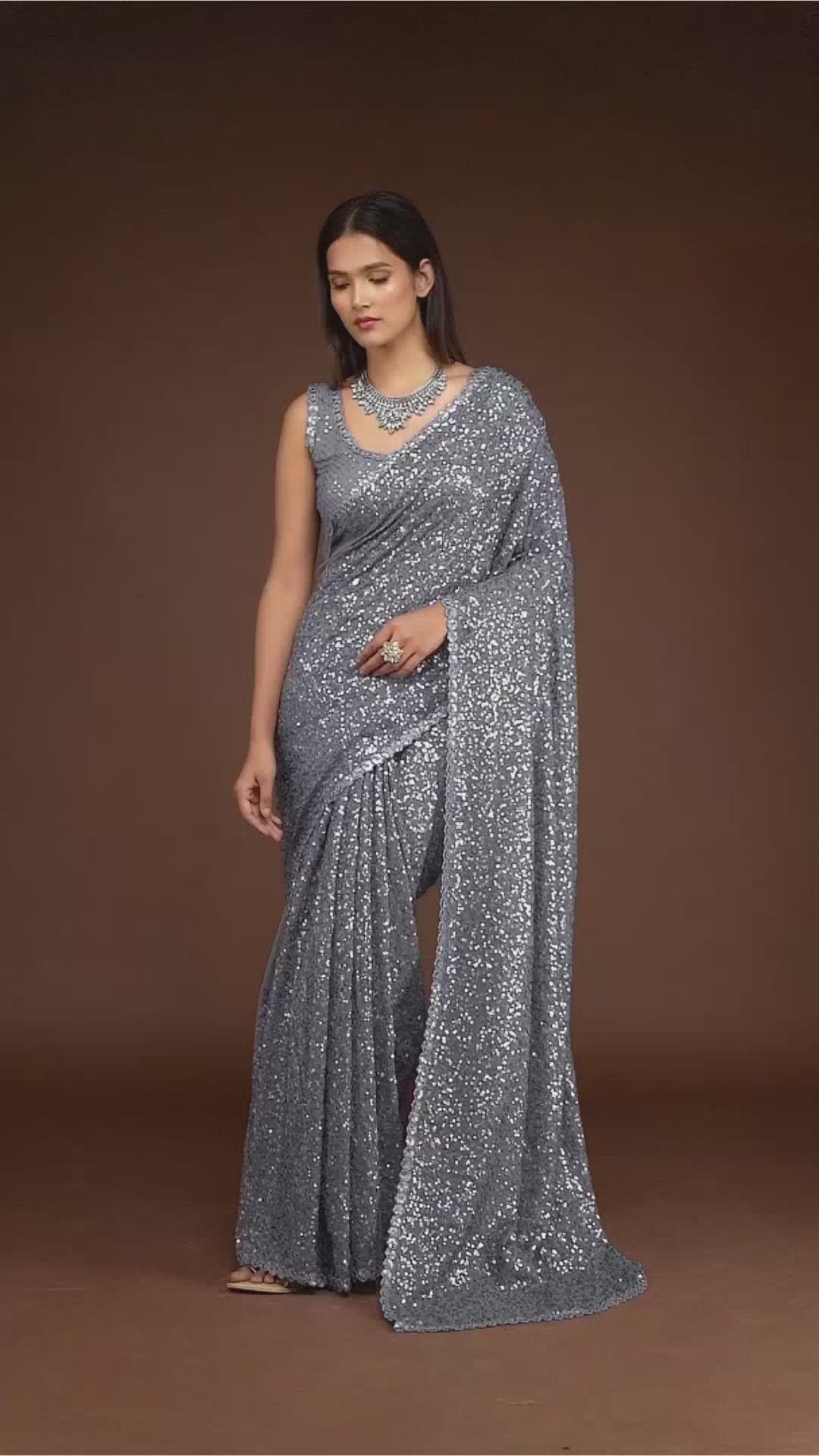 GREY GEORGETTE SEQUIN SAREE - ZB131764