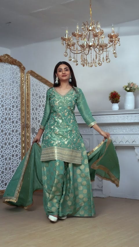Green Readymade Tissue Sharara Suit-SS296