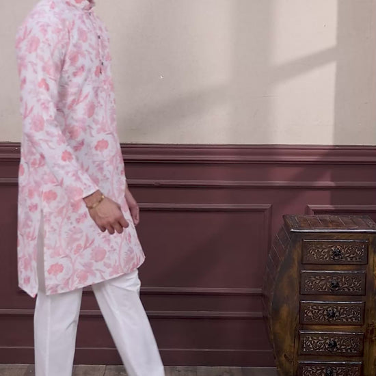 Pink Printed Linen Kurta Pajama-MW72