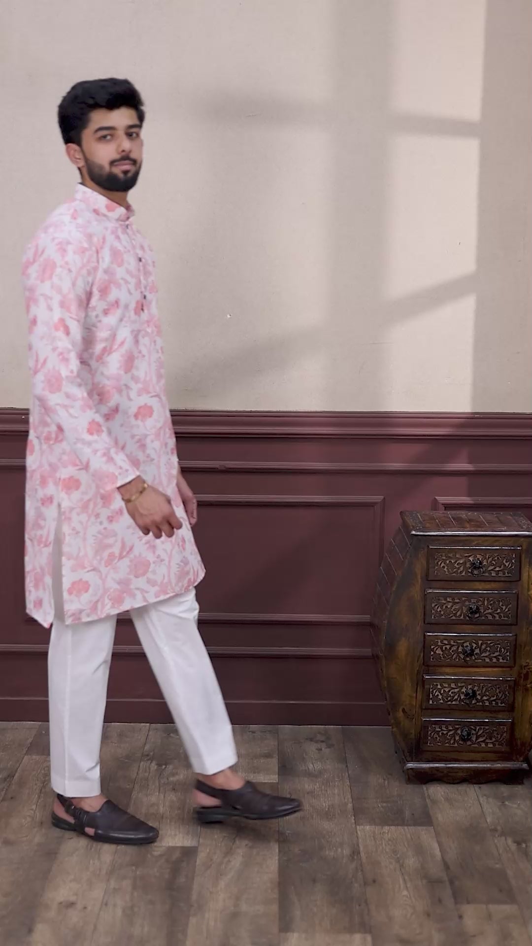 Pink Printed Linen Kurta Pajama-MW72