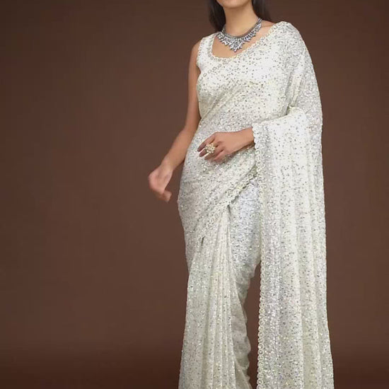 WHITE GEORGETTE SEQUIN SAREE - ZB131763