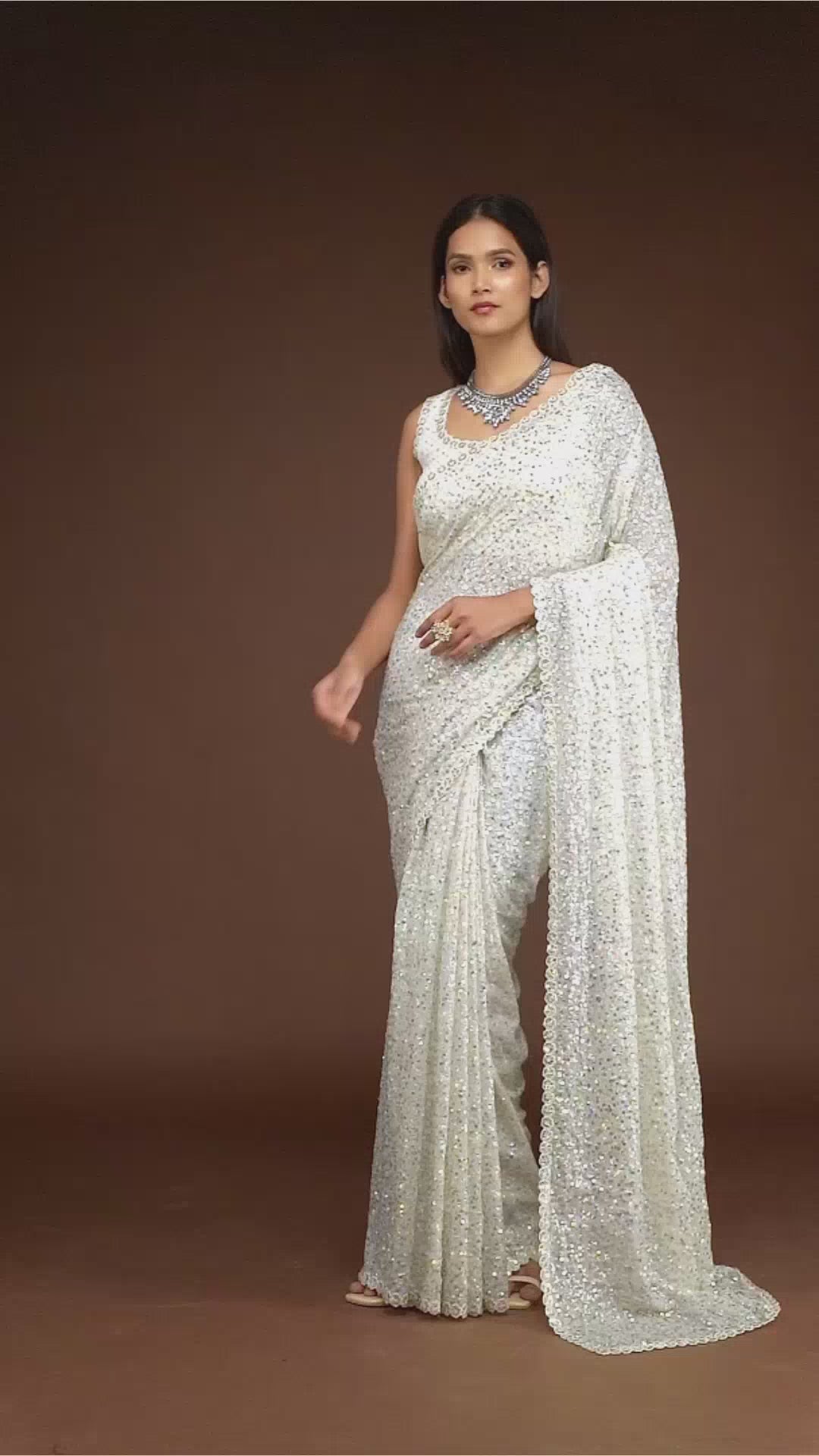 WHITE GEORGETTE SEQUIN SAREE - ZB131763