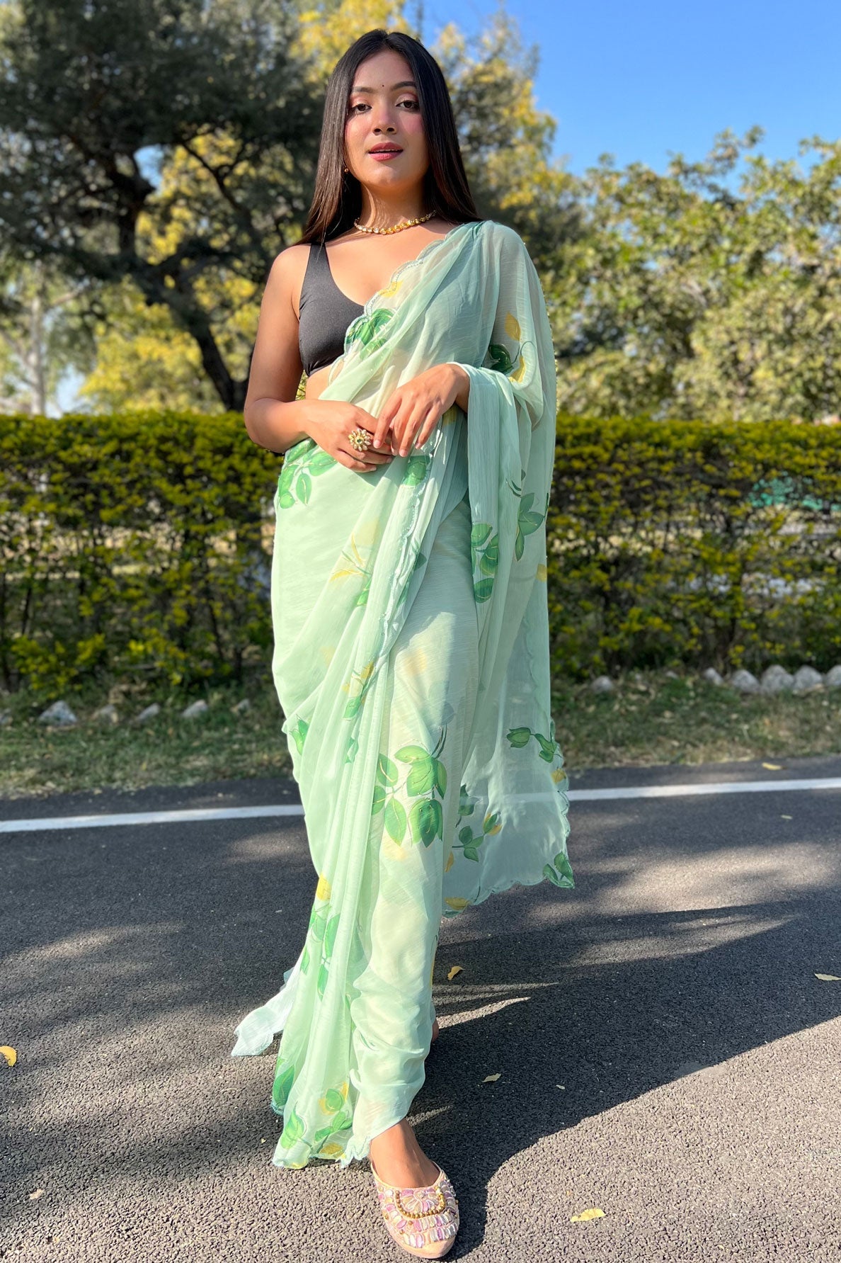 Green Chiffon Saree-ZB130334-1