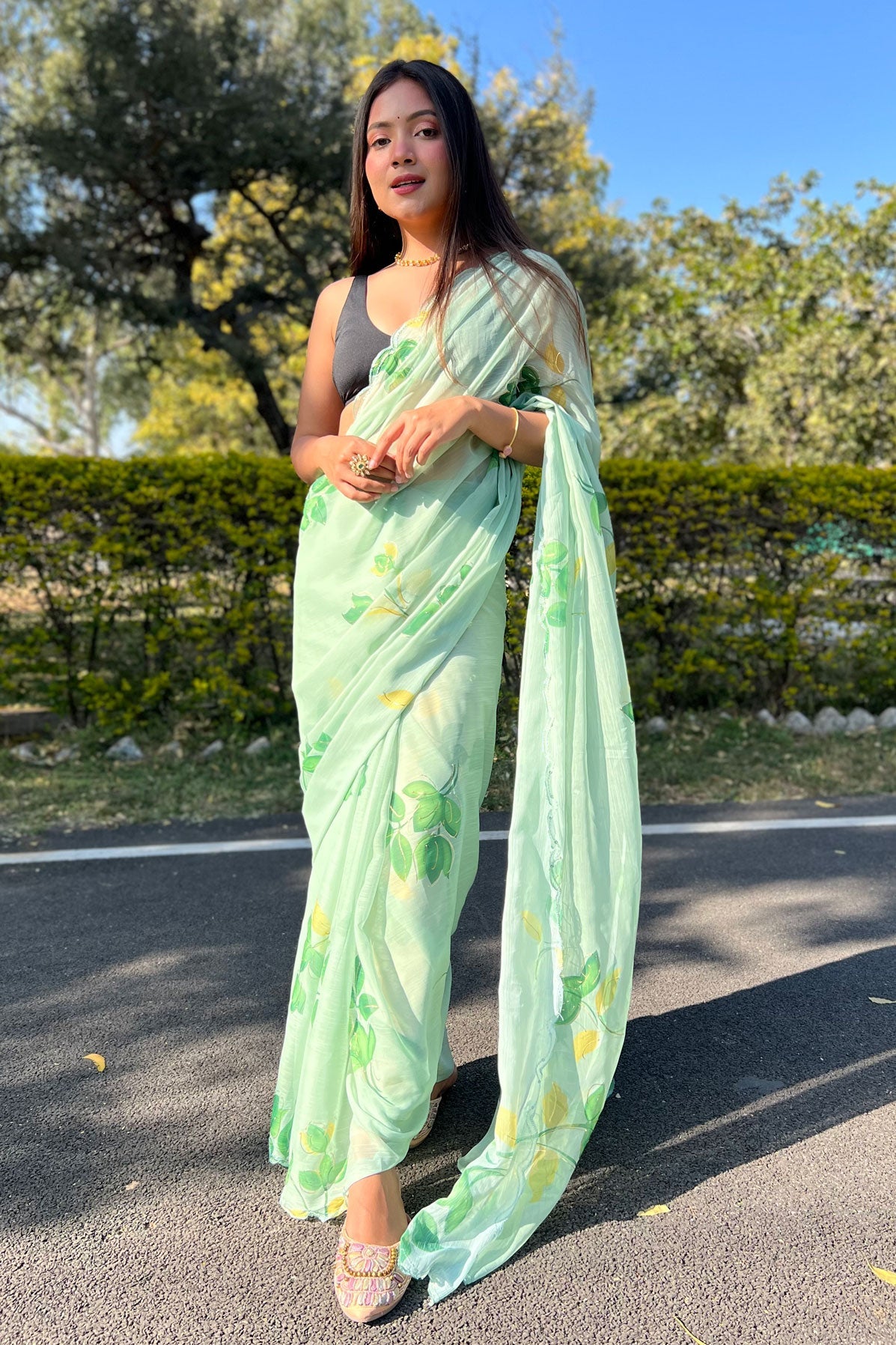 Green Chiffon Saree-ZB130334-2