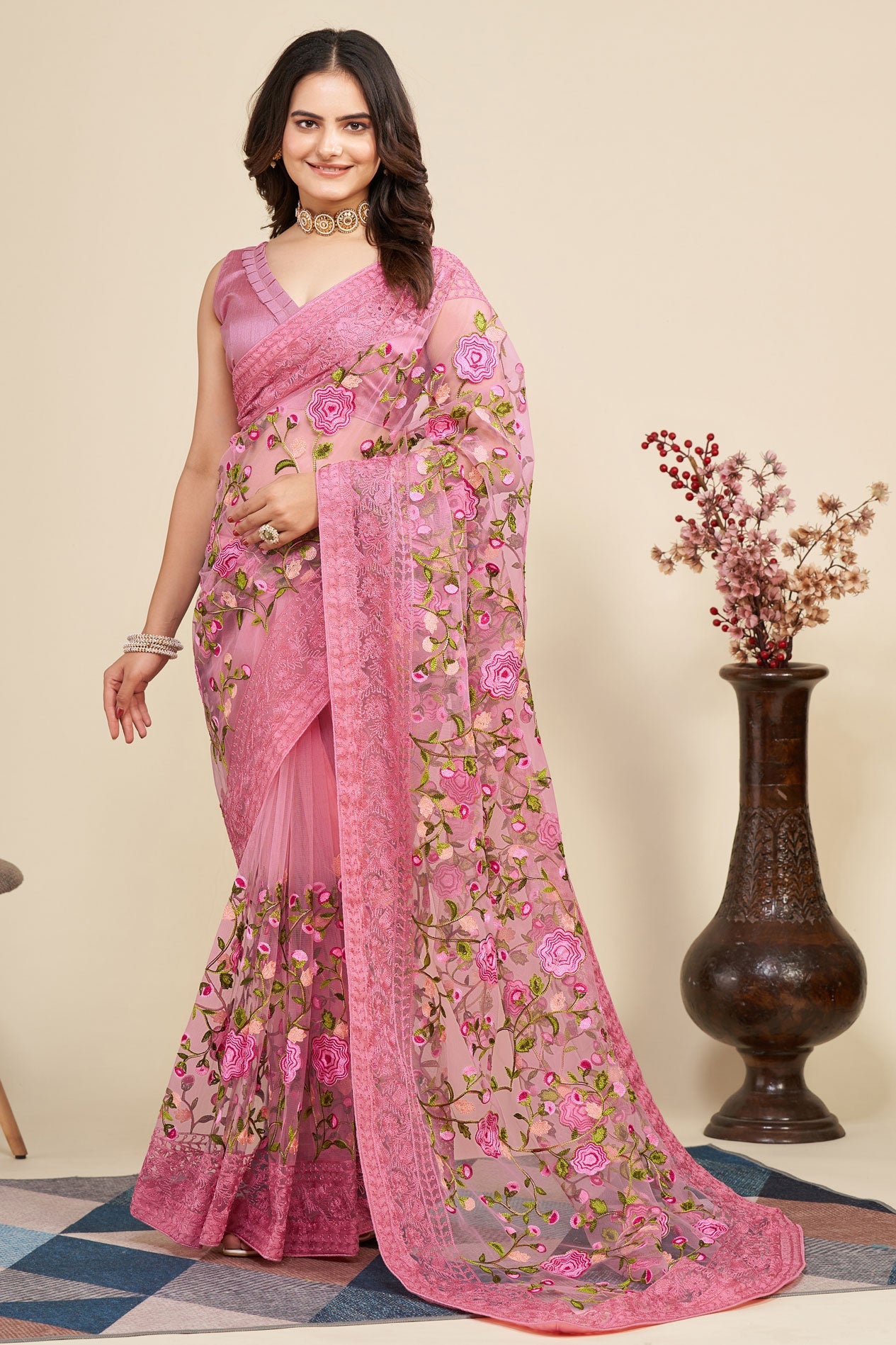 Pink Net Saree-ZB130417-1