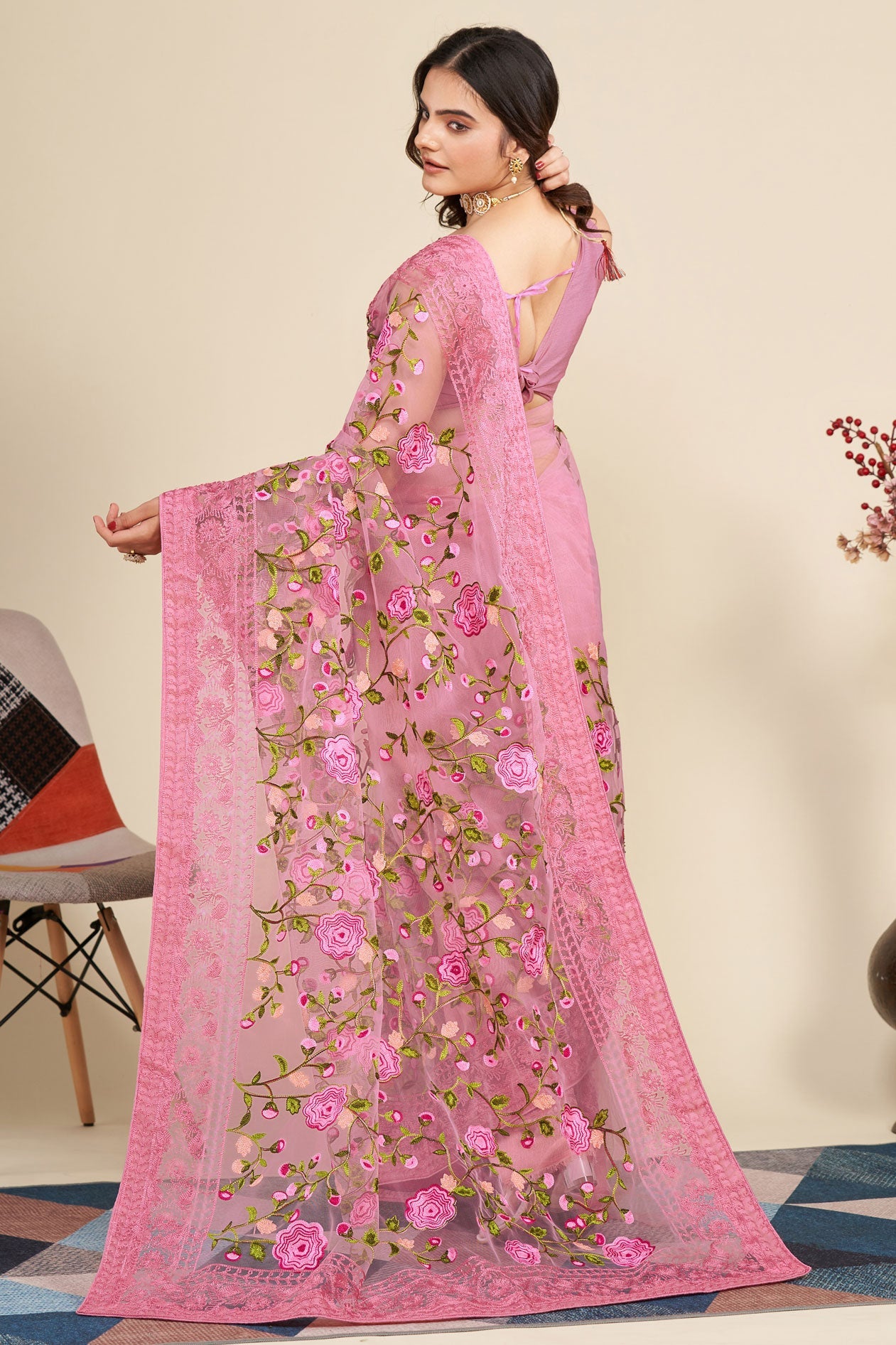 Pink Net Saree-ZB130417-3