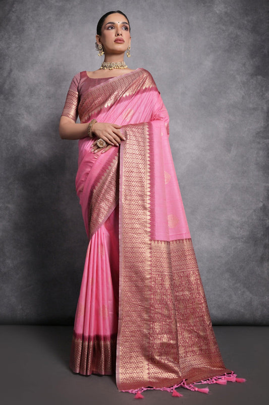 Pink Tusser Silk Saree-ZB130269-1