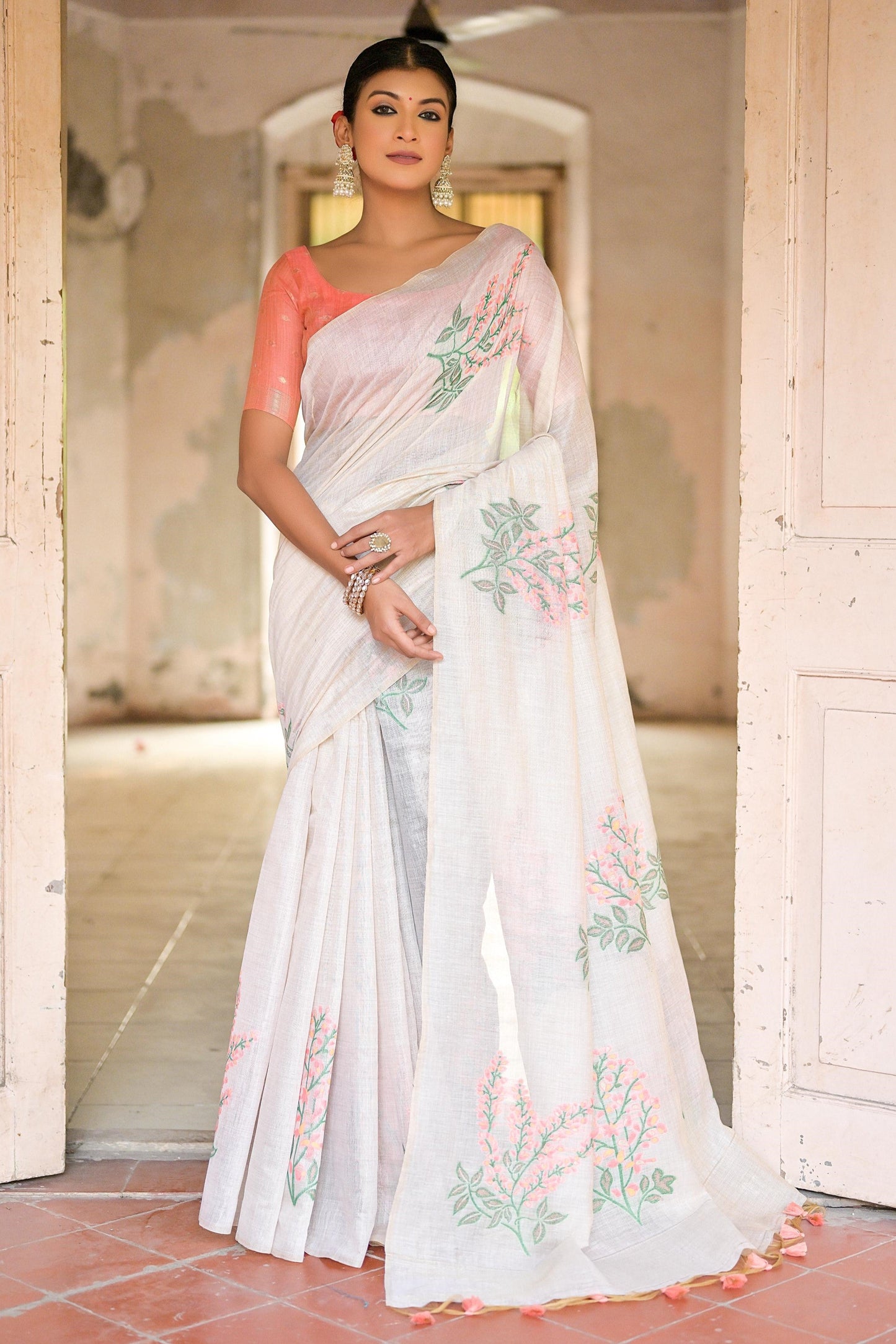 White Printed Muga Cotton Saree-ZB130482_1